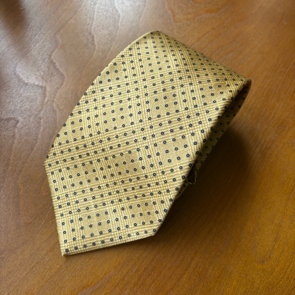 Dolcepunta 7 Fold Gold Blue Check Dot Men's Tie